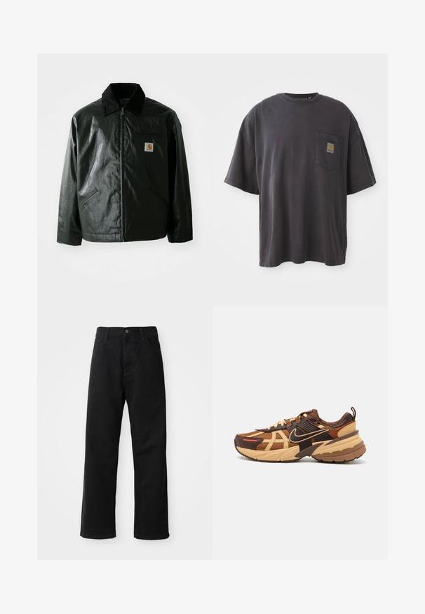 Svart zip-up jacka gjord av slätt, glänsande material. Har en manchesterkrage, två framfickor och en liten logotyp på bröstet.; Svart bomullströja med korta ärmar, rund halsringning och en vänster bröstficka med en fyrkantig logotypklistermärke. Enkel och avskalad design.; Svarta denimbyxor med rak passform, försedda med framfickor, dragkedja och en enda knapp i midjan. Strukturerad tyg med matt yta.; Nike Sportswear V2K RUN - Sneakers - light british tan/sesame/picante red/cacao wow/dark russet