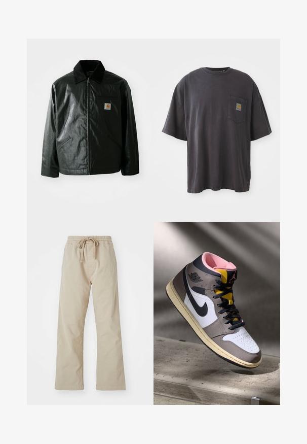 Mustat vetoketjulliset takit, jotka on valmistettu sileästä, kiiltävästä materiaalista. Sisältää kangastakin kauluksen, kaksi etutaskua ja pienen logopatchin rinnassa.; Mustat puuvillapaidat, joissa on lyhyet hihat, pyöreä kaula-aukko ja vasemmassa rinnassa tasku, jossa on neliölogo. Yksinkertainen ja koristelematon muotoilu.; Beige puuvillapantsit, joissa on joustava vyötärö ja naru. Suorat lahkeet, sileä pinta ja ei näkyviä kuvioita tai koristeita.; Korkeavartiset Nike Air Jordan -lenkkarit valkoisena, harmaana ja mustana vaaleanpunaisella sisäosalla ja keltaisella kielillä, asetettuna betonipinnalle.