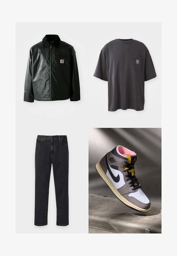 Giacca nera con zip realizzata in materiale liscio e lucido. Presenta un colletto in corduroy, due tasche frontali e una piccola patch con logo sul petto.; T-shirt nera in cotone con maniche corte, scollatura rotonda e taschino sul lato sinistro con una toppa quadrata. Design semplice e privo di fronzoli.; Jeans neri a gamba dritta con tasche frontali, passanti per cintura e chiusura con bottone, esposti su uno sfondo bianco.; Sneaker Nike Air Jordan alta in bianco, grigio e nero con interno rosa e linguetta gialla, posizionata su una superficie di cemento.