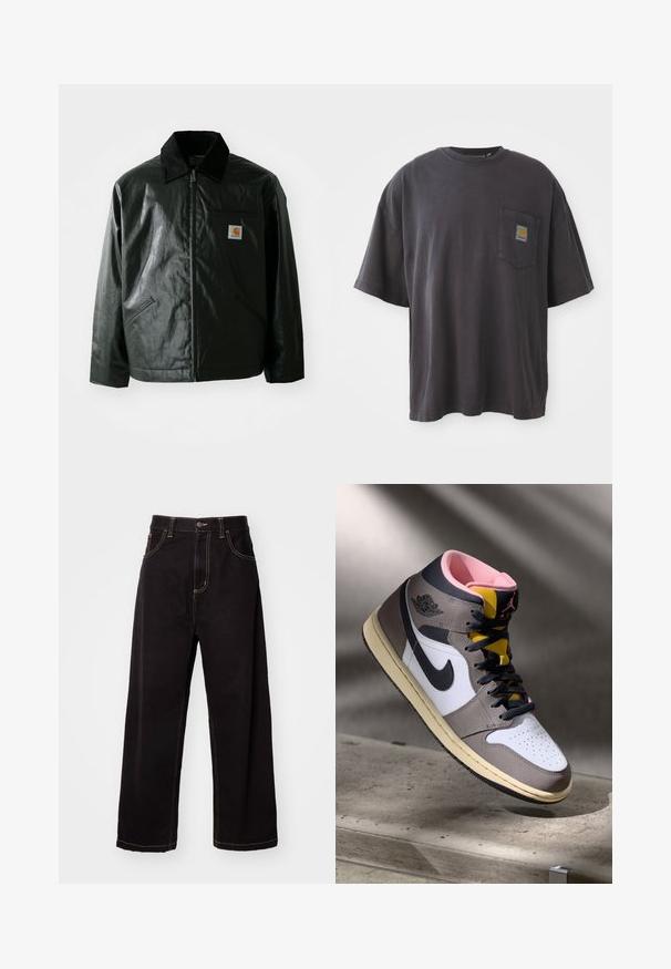 Črna jakna na zadrgo, izdelana iz gladkega, sijočega materiala. Ima žametni ovratnik, dva sprednja žepa in majhno oznako logotipa na prsih.; Črna bombažna majica s kratkimi rokavi, okroglim izrezom in žepom na levi strani prsi, ki vključuje kvadratno oznako. Preprost in neopazen dizajn.; Črne široke kavbojke iz denima s kontrastnimi šivi, petskrnimi žepi in sprednjim gumbom. Gladka tekstura in trpežno blago.; Visoke Nike Air Jordan superge v beli, sivi in črni barvi z rožnato notranjostjo in rumenem jeziku, nameščene na betonski površini.