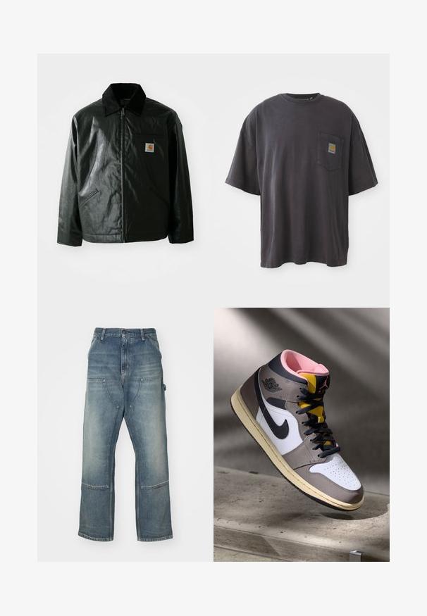 Juodas užtrauktuku užsegamas švarkas, pagamintas iš glotnaus, blizgaus medžiagos. Savybė - keteros apykaklė, dvi priekinės kišenės ir mažas logotipo ženklelis ant krūtinės.; Juodos spalvos medvilnės marškinėliai su trumpomis rankovėmis, apvaliu iškirpimu ir kairėje krūtinės pusėje esančia kišenėle su kvadratine logotipo etikete. Paprastas ir nepuoštas dizainas.; Šviesiai mėlynos džinsinės kelnės su laisvu kirpimu, pagamintos iš džinsinio audinio. Funkcijos plačios kojos, didelės priekinių kišenių ir kontrastingos siuvimo detalės.; Balti Nike Air Jordan aukšti sportbačiai balta, pilka ir juoda spalva su rožine vidine dalimi ir geltonu liežuvėliu, padėti ant betono paviršiaus.