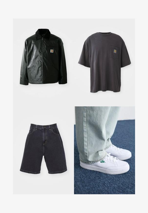 Fekete zipzáros dzseki sima, fényes anyagból. Kordbársony gallérral, két elülső zsebbel és egy kis logós felvarrással a mellkason.; Fekete pamut póló rövid ujjakkal, kerek nyakkivágással, és bal oldalon egy zsebével, amelyen négyzet alakú logó címke található. Egyszerű és díszítés nélküli dizájn.; Sötét farmer rövidnadrág magas derékkal, két elülső zsebbel, kontrasztos sárga varrással és egyenes szabással, hemzett szegéllyel.; Fehér bőr sportcipők zöld Nike logóval, kerek orral, lapos talppal, világoskék farmernadrággal párosítva, kék szőnyegen bemutatva.