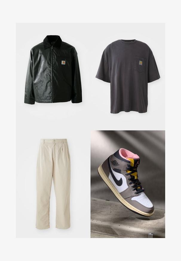 Czarna kurtka zapinana na zamek, wykonana z gładkiego, błyszczącego materiału. Posiada kołnierz z kordurowej tkaniny, dwie przednie kieszenie oraz małą naszywkę z logo na klatce piersiowej.; Czarna bawełniana koszulka z krótkim rękawem, okrągłym dekoltem i kieszenią na lewej piersi z kwadratową łatką logo. Prosty i nieozdobiony design.; Beżowe, lekkie spodnie o luźnym kroju, z zakładkami z przodu, zapięcie na guzik i mankiety na końcach. Gładka tekstura, minimalistyczny design.; Wysokie sneakersy Nike Air Jordan w bieli, szarości i czerni z różowym wnętrzem i żółtym językiem, umieszczone na betonowej powierzchni.