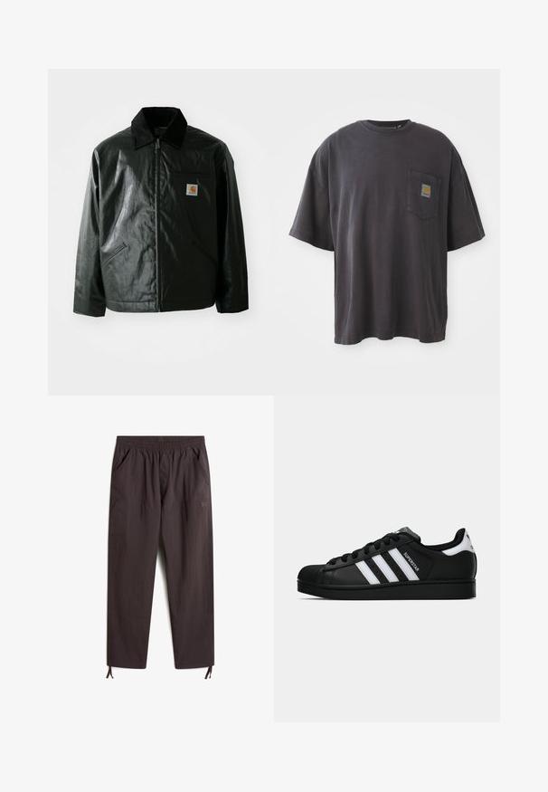 Zwarte ritssluiting jas van glad, glanzend materiaal. Heeft een corduroy kraag, twee voorzakken en een klein logo label op de borst.; Zwarte katoenen t-shirt met korte mouwen, een ronde halslijn en een linkse borstzak met een vierkante logo patch. Eenvoudig en ongecompliceerd ontwerp.; Donkerbruine, lichte, elastische taillebandbroeken met twee zijzakken, taps toelopende pijpen en verstelbare trekkoorden aan de manchetten.; Zwarte Adidas Superstar sneaker met witte strepen, schelpneus en 'Superstar' tekst aan de zijkant, afgebeeld in zijaanzicht op een witte achtergrond.