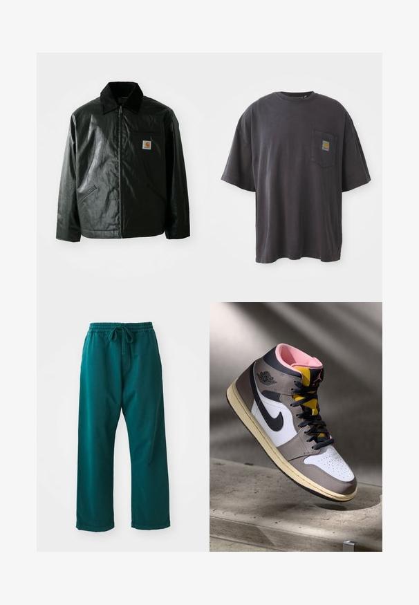 Černá zipová bunda vyrobená z hladkého, lesklého materiálu. Má jemný manžetový límec, dvě přední kapsy a malou značkovou nášivku na hrudi.; Černé bavlněné tričko s krátkým rukávem, kulatým výstřihem a kapsičkou na levé straně hrudi, na které je čtvercová nášivka s logem. Jednoduchý a nezdobený design.; Tyrkysové kalhoty s širokým střihem vyrobené z jemné tkaniny, s elastickým pasem a stahovací šňůrkou pro nastavitelný střih a hladkou texturu.; Bílé, šedé a černé vysoké tenisky Nike Air Jordan s růžovým interiérem a žlutým jazykem, umístěné na betonovém povrchu.