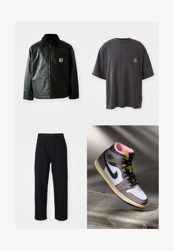 Melnā zip-up jaka, izgatavota no gludas, spīdīgas materiāla. Ir korduroja apkakle, divas priekšējās kabatas un neliela logo placdarma uz krūtīm.; Melna kokvilnas t-krekls ar īsām piedurknēm, apaļu kakla izgriezumu un kreisajā krūšu daļā esošu kabatu ar kvadrātveida logo uzlīmi. Vienkāršs un bez rotājumiem dizains.; Melni džinsi ar taisnas kājas griezumu. Iespējama klasiskā piecu kabatu dizains, pogu aizdare un smalka auduma tekstūra.; Augstās Nike Air Jordan kedas baltā, pelēkā un melnā krāsā ar rozā iekšpusi un dzelteno mēli, novietotas uz betona virsmas.