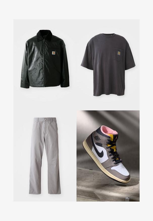 Black zip-up jacket made of smooth, shiny material. Features a corduroy collar, two front pockets, and a small logo patch on the chest.; Black cotton t-shirt with short sleeves, a round neckline, and a left chest pocket featuring a square logo patch. Simple and unembellished design.; Gray cotton pants with a straight-leg design, featuring a front button closure and belt loops. Smooth texture and minimal detailing.; High-top Nike Air Jordan sneaker in white, grey, and black with pink interior and yellow tongue, positioned on a concrete surface.