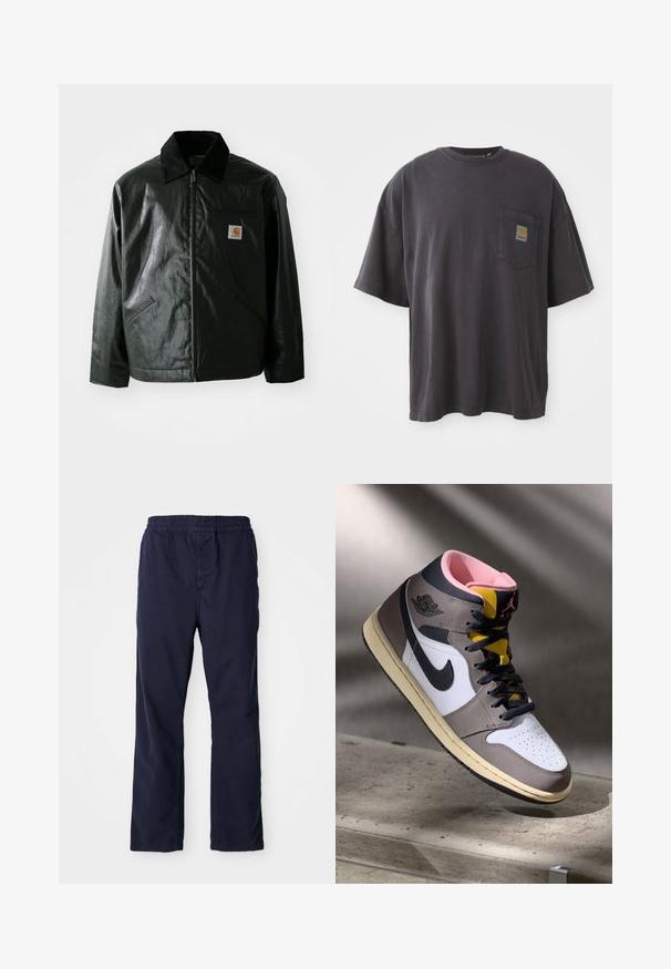 Giacca nera con zip realizzata in materiale liscio e lucido. Presenta un colletto in corduroy, due tasche frontali e una piccola patch con logo sul petto.; T-shirt nera in cotone con maniche corte, scollatura rotonda e taschino sul lato sinistro con una toppa quadrata. Design semplice e privo di fronzoli.; Pantaloni in cotone blu navy con vita elastica, dal design a gamba dritta e dettagli di cucitura discreti. Tessuto liscio, senza tasche visibili.; Sneaker Nike Air Jordan alta in bianco, grigio e nero con interno rosa e linguetta gialla, posizionata su una superficie di cemento.