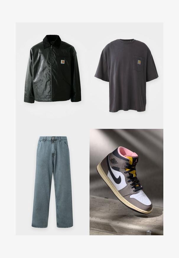 Fekete zipzáros dzseki sima, fényes anyagból. Kordbársony gallérral, két elülső zsebbel és egy kis logós felvarrással a mellkason.; Fekete pamut póló rövid ujjakkal, kerek nyakkivágással, és bal oldalon egy zsebével, amelyen négyzet alakú logó címke található. Egyszerű és díszítés nélküli dizájn.; Világoskék farmer nadrág, egyenes szárú fazonnal, klasszikus gombos záródással és öt zsebes kialakítással. Puha tapintású anyag, minimalista varrási részletekkel.; Fehér, szürke és fekete Nike Air Jordan magasszárú sneaker rózsaszín belső résszel és sárga nyelvvel, egy betonfelületen elhelyezve.