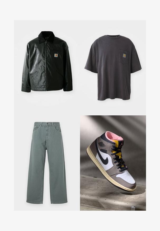 Sort lynlåsejakke lavet af glat, blankt materiale. Har en kordfløjlsfarvet krave, to forlommer og et lille logo-patch på brystet.; Sort bomulds T-shirt med korte ærmer, en rund halsudskæring og en venstre brystlomme med et firkantet logo-patch. Enkel og uudsmykket design.; Breddebenede bukser i afdæmpet grøn bomuld, med en klassisk talje, bæltesløjfer, forlommer og kontrasterende sømdetaljer.; Høj-top Nike Air Jordan sneaker i hvid, grå og sort med pink indvendigt og gul tunge, placeret på en betonoverflade.