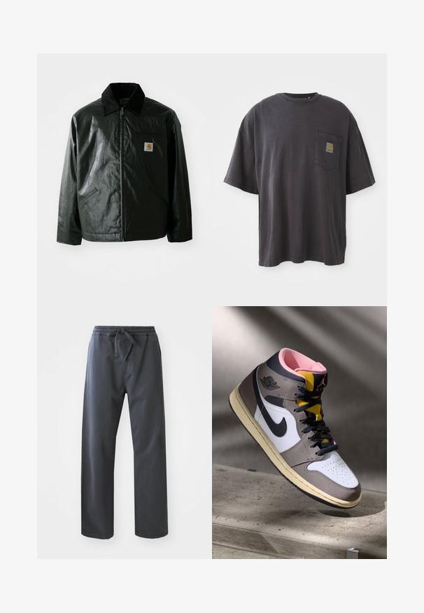 Black zip-up jacket made of smooth, shiny material. Features a corduroy collar, two front pockets, and a small logo patch on the chest.; Black cotton t-shirt with short sleeves, a round neckline, and a left chest pocket featuring a square logo patch. Simple and unembellished design.; Black, elastic-waist pants with a drawstring, featuring a straight leg design and smooth texture. No visible pockets or patterns.; High-top Nike Air Jordan sneaker in white, grey, and black with pink interior and yellow tongue, positioned on a concrete surface.