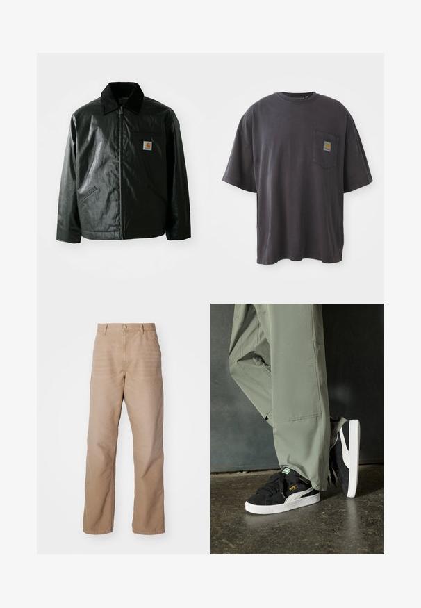 Jachetă neagră cu fermoar, confecționată dintr-un material neted și lucios. Prezintă un guler din catifea, două buzunare frontale și un mic logo brodat pe piept.; Tricou negru din bumbac cu mâneci scurte, guler rotund și un buzunar pe piept stâng care prezintă un patch logo pătrat. Design simplu și fără decorațiuni.; Pantaloni din bumbac bej cu un design drept, având fermoar, stil cu cinci buzunare și o textură subtilă.; Adidași negri din piele întoarsă cu tălpi din cauciuc alb și dungi pe lateral, asortați cu pantaloni cargo verzi deschis, stând pe o suprafață texturată întunecată.