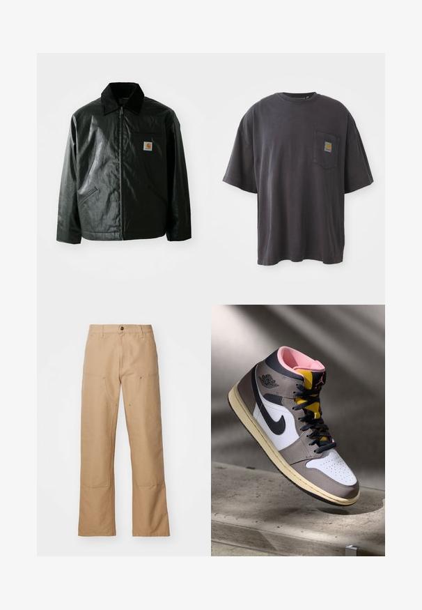 Black zip-up jacket made of smooth, shiny material. Features a corduroy collar, two front pockets, and a small logo patch on the chest.; Black cotton t-shirt with short sleeves, a round neckline, and a left chest pocket featuring a square logo patch. Simple and unembellished design.; Beige wide-leg trousers made from canvas, featuring front pockets, golden hardware accents, and a flat front design.; High-top Nike Air Jordan sneaker in white, grey, and black with pink interior and yellow tongue, positioned on a concrete surface.