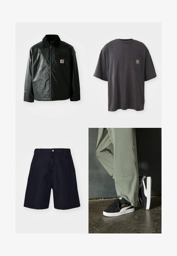 Juodas užtrauktuku užsegamas švarkas, pagamintas iš glotnaus, blizgaus medžiagos. Savybė - keteros apykaklė, dvi priekinės kišenės ir mažas logotipo ženklelis ant krūtinės.; Juodos spalvos medvilnės marškinėliai su trumpomis rankovėmis, apvaliu iškirpimu ir kairėje krūtinės pusėje esančia kišenėle su kvadratine logotipo etikete. Paprastas ir nepuoštas dizainas.; Tamsiai mėlynos šortai, pagaminti iš lengvos medžiagos, su mygtuko uždarymu, diržo kilpomis ir tiesiu kojų siluetu. Minimalistinis stilius be raštų.; Juodi suede sportbačiai su baltais guminiais padais ir šoninėmis juostelėmis, derinami su šviesiai žaliais kargo kelnais, stovintys ant tekstūruoto tamsaus paviršiaus.