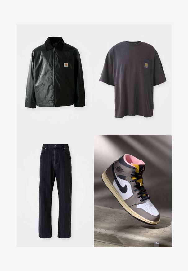 Črna jakna na zadrgo, izdelana iz gladkega, sijočega materiala. Ima žametni ovratnik, dva sprednja žepa in majhno oznako logotipa na prsih.; Črna bombažna majica s kratkimi rokavi, okroglim izrezom in žepom na levi strani prsi, ki vključuje kvadratno oznako. Preprost in neopazen dizajn.; Črne jeans hlače z navpičnimi črtami, ravna kroja, sprednji žepi in gumbasto zapiranje. Gladka tekstura in enakomerna barva.; Visoke Nike Air Jordan superge v beli, sivi in črni barvi z rožnato notranjostjo in rumenem jeziku, nameščene na betonski površini.
