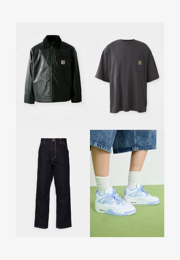 Chaqueta negra con cremallera hecha de un material liso y brillante. Presenta un cuello de pana, dos bolsillos frontales y un pequeño parche con el logo en el pecho.; Camiseta de algodón negra con mangas cortas, un cuello redondo y un bolsillo en el pecho izquierdo con un parche de logo cuadrado. Diseño simple y sin adornos.; Vaqueros de mezclilla negros con un diseño de pierna recta, costuras blancas contrastantes, cierre de botón y dos bolsillos delanteros.; Zapatillas blancas y azul claro con acentos de malla, puntera redondeada, cordones y una unidad de amortiguación de aire, combinadas con calcetines blancos de canalé y pantalones cortos de mezclilla.