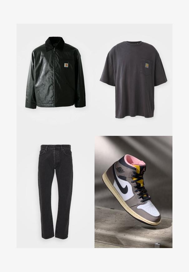 Giacca nera con zip realizzata in materiale liscio e lucido. Presenta un colletto in corduroy, due tasche frontali e una piccola patch con logo sul petto.; T-shirt nera in cotone con maniche corte, scollatura rotonda e taschino sul lato sinistro con una toppa quadrata. Design semplice e privo di fronzoli.; Jeans in denim nero a gamba dritta da uomo con bottone frontale e zip, cinque tasche e passanti per cintura su uno sfondo bianco semplice.; Sneaker Nike Air Jordan alta in bianco, grigio e nero con interno rosa e linguetta gialla, posizionata su una superficie di cemento.