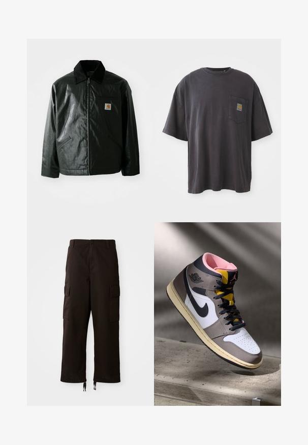 Zwarte ritssluiting jas van glad, glanzend materiaal. Heeft een corduroy kraag, twee voorzakken en een klein logo label op de borst.; Zwarte katoenen t-shirt met korte mouwen, een ronde halslijn en een linkse borstzak met een vierkante logo patch. Eenvoudig en ongecompliceerd ontwerp.; Zwarte cargobroek met een relaxte pasvorm, voorzien van twee zijzakken, een knoopsluiting en verstelbare trekkoorden aan de onderkant.; Hoog-top Nike Air Jordan sneaker in wit, grijs en zwart met een roze interieur en gele tong, geplaatst op een betonnen oppervlak.