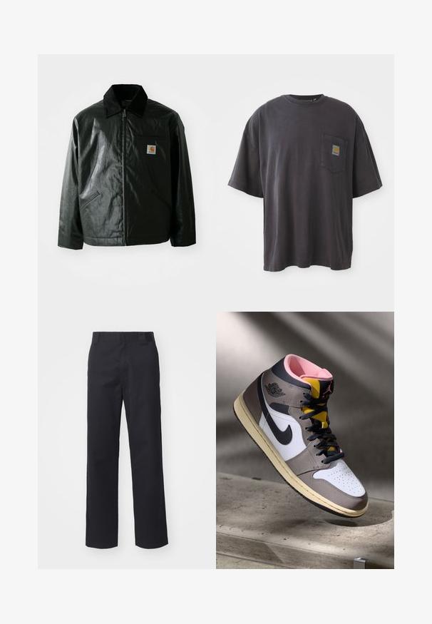 Zwarte ritssluiting jas van glad, glanzend materiaal. Heeft een corduroy kraag, twee voorzakken en een klein logo label op de borst.; Zwarte katoenen t-shirt met korte mouwen, een ronde halslijn en een linkse borstzak met een vierkante logo patch. Eenvoudig en ongecompliceerd ontwerp.; Zwarte rechte broek van een katoenmix. Heeft een platte tailleband met riemlussen en geen zichtbare hardware of versieringen.; Hoog-top Nike Air Jordan sneaker in wit, grijs en zwart met een roze interieur en gele tong, geplaatst op een betonnen oppervlak.