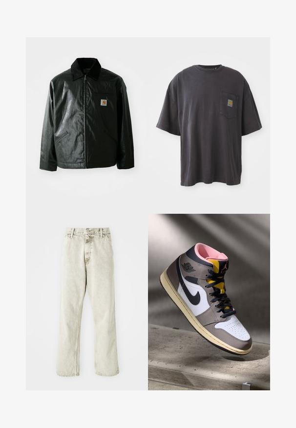 Črna jakna na zadrgo, izdelana iz gladkega, sijočega materiala. Ima žametni ovratnik, dva sprednja žepa in majhno oznako logotipa na prsih.; Črna bombažna majica s kratkimi rokavi, okroglim izrezom in žepom na levi strani prsi, ki vključuje kvadratno oznako. Preprost in neopazen dizajn.; Svijetlosivi traperice s ravnim nogavicama, zatvaranje na dugme i petlje za pojas. Imaju suptilnu teksturu i minimalne šavove.; Visoke Nike Air Jordan superge v beli, sivi in črni barvi z rožnato notranjostjo in rumenem jeziku, nameščene na betonski površini.