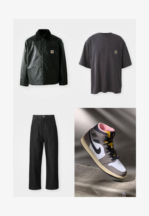 Czarna kurtka zapinana na zamek, wykonana z gładkiego, błyszczącego materiału. Posiada kołnierz z kordurowej tkaniny, dwie przednie kieszenie oraz małą naszywkę z logo na klatce piersiowej.; Czarna bawełniana koszulka z krótkim rękawem, okrągłym dekoltem i kieszenią na lewej piersi z kwadratową łatką logo. Prosty i nieozdobiony design.; Czarne dżinsy o luźnym kroju, wysokim stanie, z zapięciem na zamek i pięcioma kieszeniami. Widoczne przeszycia nadające stylu.; Wysokie sneakersy Nike Air Jordan w bieli, szarości i czerni z różowym wnętrzem i żółtym językiem, umieszczone na betonowej powierzchni.