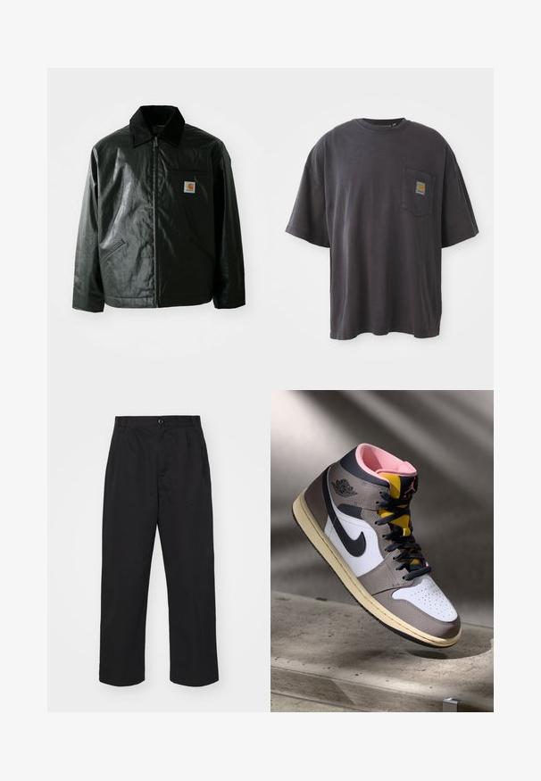 Juodas užtrauktuku užsegamas švarkas, pagamintas iš glotnaus, blizgaus medžiagos. Savybė - keteros apykaklė, dvi priekinės kišenės ir mažas logotipo ženklelis ant krūtinės.; Juodos spalvos medvilnės marškinėliai su trumpomis rankovėmis, apvaliu iškirpimu ir kairėje krūtinės pusėje esančia kišenėle su kvadratine logotipo etikete. Paprastas ir nepuoštas dizainas.; Juodi medvilniniai kelnes su tiesiu siluetu, turinčios mygtukų užsegimą, dvi priekinės kišenės ir lygią tekstūrą.; Balti Nike Air Jordan aukšti sportbačiai balta, pilka ir juoda spalva su rožine vidine dalimi ir geltonu liežuvėliu, padėti ant betono paviršiaus.