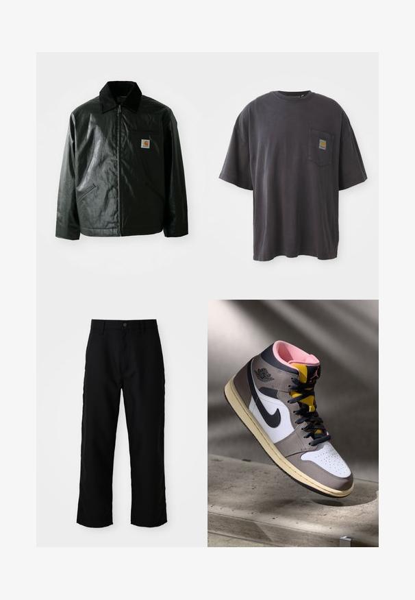 Czarna kurtka zapinana na zamek, wykonana z gładkiego, błyszczącego materiału. Posiada kołnierz z kordurowej tkaniny, dwie przednie kieszenie oraz małą naszywkę z logo na klatce piersiowej.; Czarna bawełniana koszulka z krótkim rękawem, okrągłym dekoltem i kieszenią na lewej piersi z kwadratową łatką logo. Prosty i nieozdobiony design.; Czarne spodnie straight-leg z pętelkami na pasek, z przodu z guzikiem i zamkiem błyskawicznym na jasnym, jednolitym tle.; Wysokie sneakersy Nike Air Jordan w bieli, szarości i czerni z różowym wnętrzem i żółtym językiem, umieszczone na betonowej powierzchni.