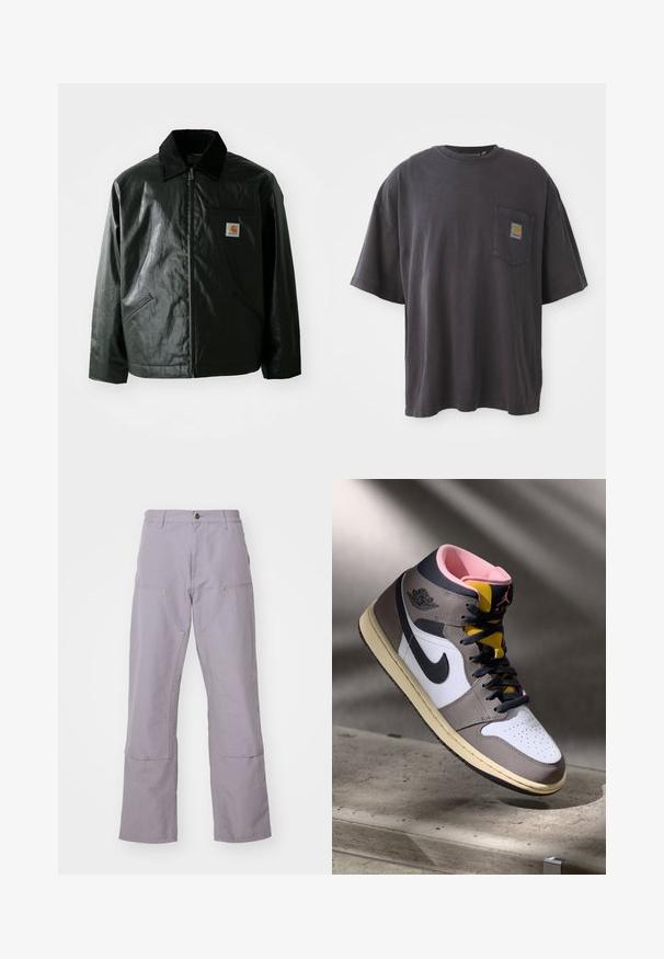 Schwarze Zip-Jacke aus glattem, glänzendem Material. Verfügt über einen Cordkragen, zwei Fronttaschen und ein kleines Logo-Patch auf der Brust.; Schwarzes Baumwoll-T-Shirt mit kurzen Ärmeln, rundem Halsausschnitt und einer linken Brusttasche mit einem quadratischen Logo-Patch. Schlichtes und unauffälliges Design.; Helllila Hosen mit geradem Bein, ausgestattet mit zwei Fronttaschen und dekorativen Nähten. Hergestellt aus langlebigem Baumwollgewebe.; Hohe Nike Air Jordan Sneaker in Weiß, Grau und Schwarz mit pinkem Innenfutter und gelber Zunge, auf einer Betontfläche platziert.