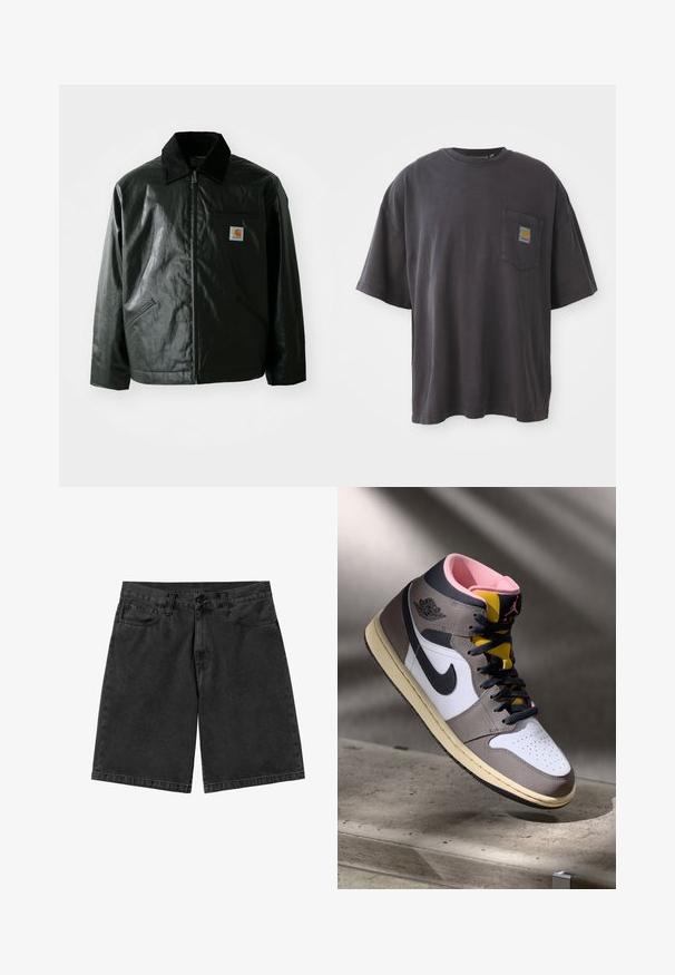 Casaco preto com fecho éclair, feito de material liso e brilhante. Apresenta um colarinho de veludo, dois bolsos frontais e um pequeno emblema no peito.; T-shirt de algodão preto com mangas curtas, decote redondo e bolso no peito esquerdo com um emblema quadrado. Design simples e sem adornos.; Shorts de ganga pretos com corte reto, cinco bolsos e fecho de botão. Textura suave com desbotamento mínimo e detalhes de costura.; Tênis Nike Air Jordan de cano alto em branco, cinza e preto com interior rosa e língua amarela, posicionados sobre uma superfície de concreto.