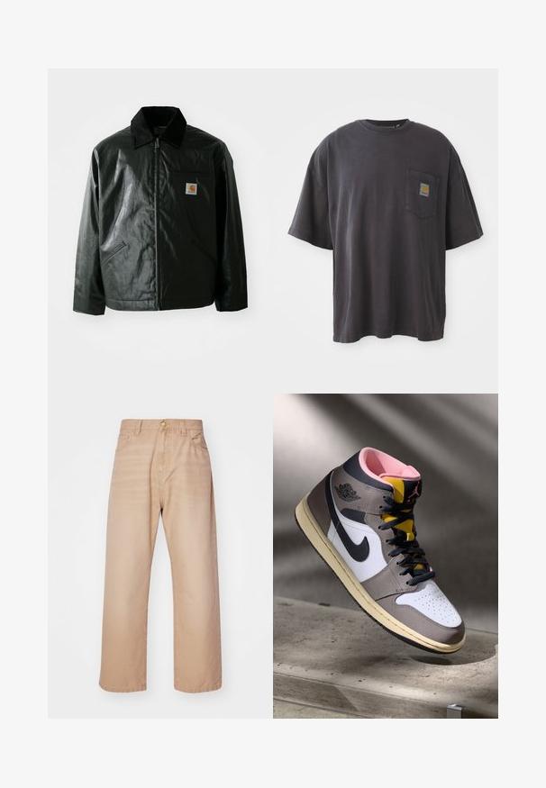 Černá zipová bunda vyrobená z hladkého, lesklého materiálu. Má jemný manžetový límec, dvě přední kapsy a malou značkovou nášivku na hrudi.; Černé bavlněné tričko s krátkým rukávem, kulatým výstřihem a kapsičkou na levé straně hrudi, na které je čtvercová nášivka s logem. Jednoduchý a nezdobený design.; Beige široké džíny s vysokým pasem, pěti kapsami a kovovým knoflíkem. Vyrobeny z denimu s hladkým povrchem.; Bílé, šedé a černé vysoké tenisky Nike Air Jordan s růžovým interiérem a žlutým jazykem, umístěné na betonovém povrchu.