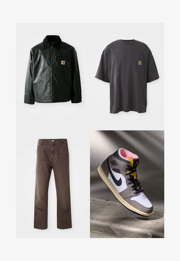 Zwarte ritssluiting jas van glad, glanzend materiaal. Heeft een corduroy kraag, twee voorzakken en een klein logo label op de borst.; Zwarte katoenen t-shirt met korte mouwen, een ronde halslijn en een linkse borstzak met een vierkante logo patch. Eenvoudig en ongecompliceerd ontwerp.; Bruine rechte broek van een katoenmix. Voorzien van voorzakken en contrasterende stiksels. Afgewerkt met een klassieke knoopsluiting.; Hoog-top Nike Air Jordan sneaker in wit, grijs en zwart met een roze interieur en gele tong, geplaatst op een betonnen oppervlak.