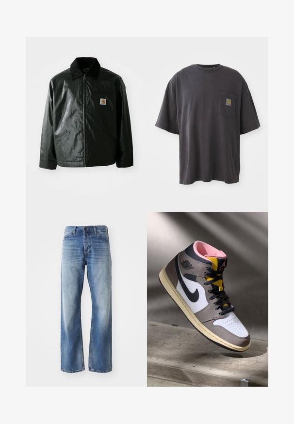 Giacca nera con zip realizzata in materiale liscio e lucido. Presenta un colletto in corduroy, due tasche frontali e una piccola patch con logo sul petto.; T-shirt nera in cotone con maniche corte, scollatura rotonda e taschino sul lato sinistro con una toppa quadrata. Design semplice e privo di fronzoli.; Jeans in denim blu a gamba dritta con leggera scoloritura su cosce e ginocchia, dotati di cinque tasche e chiusura a bottone.; Sneaker Nike Air Jordan alta in bianco, grigio e nero con interno rosa e linguetta gialla, posizionata su una superficie di cemento.