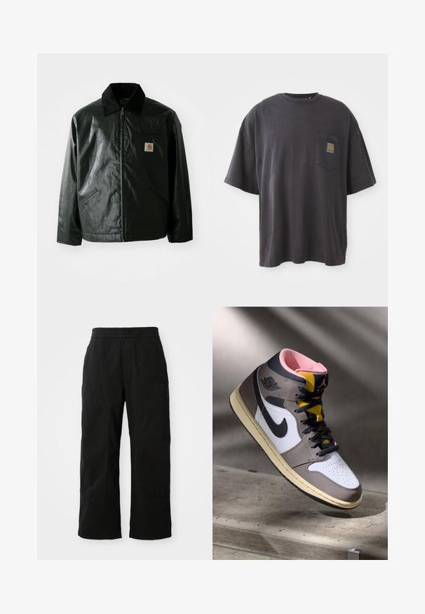 Čierna bundu na zips vyrobenú z hladkého, lesklého materiálu. Obsahuje kordový golier, dve predné vrecká a malú nášivku s logom na hrudi.; Čierne bavlnené tričko s krátkymi rukávmi, okrúhlym výstrihom a vreckom na ľavej hrudi s štvorcovou nášivkou loga. Jednoduchý a nenáročný dizajn.; Čierne bavlnené nohavice s elastickým pásom, širokým strihom a veľkými bočnými vreckami. Tkanina sa zdá byť mäkká s hladkým povrchom.; Biele, šedé a čierne vysoké tenisky Nike Air Jordan s ružovým interiérom a žltým jazykom, umiestnené na betónovom povrchu.