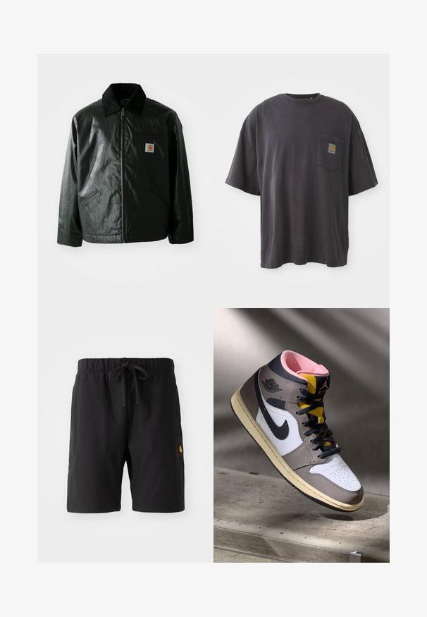 Veste noire zippée en matériau lisse et brillant. Elle dispose d'un col en velours côtelé, de deux poches avant et d'un petit écusson logo sur la poitrine.; T-shirt en coton noir à manches courtes, col rond et poche sur la poitrine gauche avec un patch logo carré. Design simple et sans ornement.; Shorts noirs avec une taille élastique et un cordon de serrage. Présente une poche latérale et un petit logo rouge et jaune sur le bas à gauche.; Sneaker Nike Air Jordan montante en blanc, gris et noir avec un intérieur rose et une languette jaune, posé sur une surface en béton.