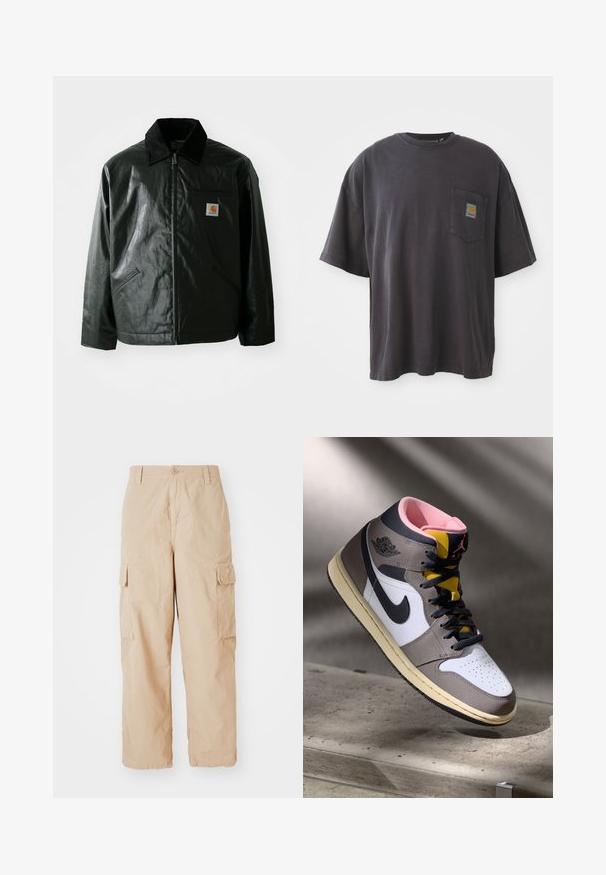 Casaco preto com fecho éclair, feito de material liso e brilhante. Apresenta um colarinho de veludo, dois bolsos frontais e um pequeno emblema no peito.; T-shirt de algodão preto com mangas curtas, decote redondo e bolso no peito esquerdo com um emblema quadrado. Design simples e sem adornos.; Calças cargo bege com um corte descontraído, feitas de um tecido leve, com dois bolsos laterais e um fecho de botão na cintura.; Tênis Nike Air Jordan de cano alto em branco, cinza e preto com interior rosa e língua amarela, posicionados sobre uma superfície de concreto.