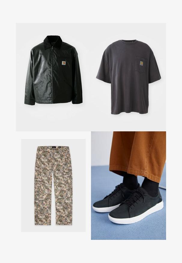 Veste noire zippée en matériau lisse et brillant. Elle dispose d'un col en velours côtelé, de deux poches avant et d'un petit écusson logo sur la poitrine.; T-shirt en coton noir à manches courtes, col rond et poche sur la poitrine gauche avec un patch logo carré. Design simple et sans ornement.; EIGHTYFIVE CAMOUFLAGE - Jean boyfriend - beige/brown/white; Baskets en suede noir avec semelles en caoutchouc blanc, présentant un design à lacets, des accents texturés et une branding discrète, associées à un pantalon marron.