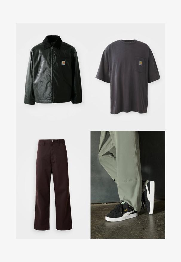 Mustat vetoketjulliset takit, jotka on valmistettu sileästä, kiiltävästä materiaalista. Sisältää kangastakin kauluksen, kaksi etutaskua ja pienen logopatchin rinnassa.; Mustat puuvillapaidat, joissa on lyhyet hihat, pyöreä kaula-aukko ja vasemmassa rinnassa tasku, jossa on neliölogo. Yksinkertainen ja koristelematon muotoilu.; Tummanruskeat leveät housut, jotka on valmistettu kestävästä puuvillakankaasta. Niissä on edessä napitus ja kaksi sivutaskua. Sujuva pinta, klassinen muotoilu.; Mustat mokkakengät, joissa on valkoiset kumipohjat ja sivuraitoja, yhdistettynä vaaleanvihreisiin cargo-housuihin, seisoen tummalla teksturoidulla pinnalla.