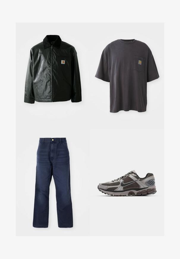 Zwarte ritssluiting jas van glad, glanzend materiaal. Heeft een corduroy kraag, twee voorzakken en een klein logo label op de borst.; Zwarte katoenen t-shirt met korte mouwen, een ronde halslijn en een linkse borstzak met een vierkante logo patch. Eenvoudig en ongecompliceerd ontwerp.; Donkerblauwe denimbroek met een rechte pijp, voorzien van een voorknoopsluiting, riemlussen en zonder zichtbare patronen of accenten.; Lichtgrijze en donkerbruine hardloopschoen met mesh-details, gestructureerd ontwerp en dikke rubberen zool. Bevat het Nike swoosh-logo en textuuraccenten.