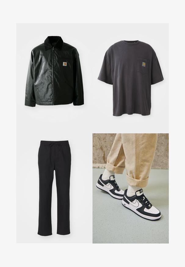 Chaqueta negra con cremallera hecha de un material liso y brillante. Presenta un cuello de pana, dos bolsillos frontales y un pequeño parche con el logo en el pecho.; Camiseta de algodón negra con mangas cortas, un cuello redondo y un bolsillo en el pecho izquierdo con un parche de logo cuadrado. Diseño simple y sin adornos.; Pantalones negros de pierna recta, hechos de una tela suave, con cinturilla elástica y cordón ajustable. Sin bolsillos ni patrones visibles.; Zapatillas Nike Air Force 1 en blanco y negro con parte superior de cuero, puntera perforada y detalle de suela texturizada, combinadas con pantalones beiges remangados y calcetines blancos.