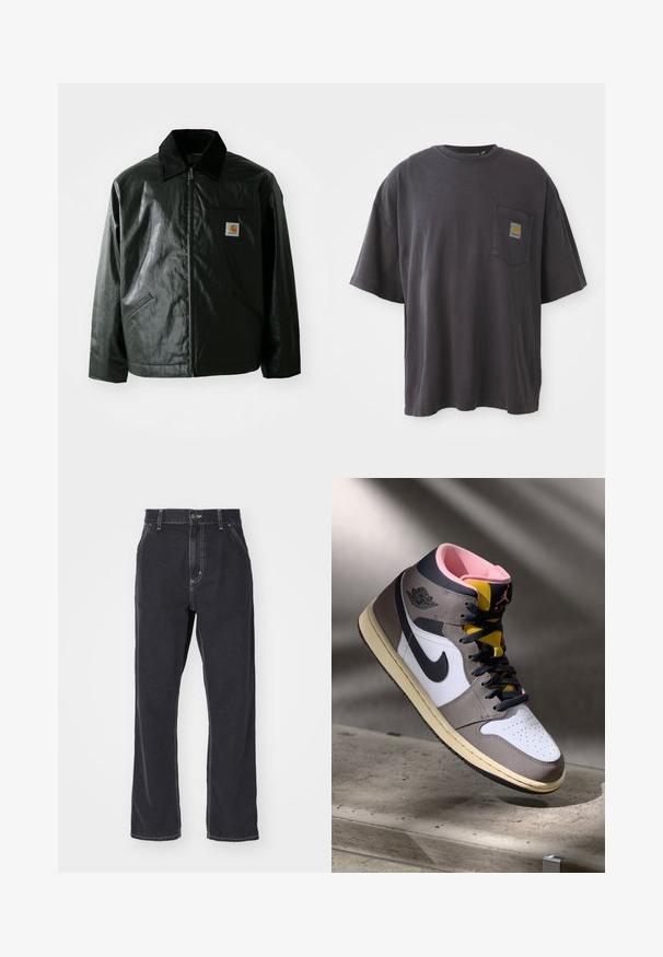 Sort lynlåsejakke lavet af glat, blankt materiale. Har en kordfløjlsfarvet krave, to forlommer og et lille logo-patch på brystet.; Sort bomulds T-shirt med korte ærmer, en rund halsudskæring og en venstre brystlomme med et firkantet logo-patch. Enkel og uudsmykket design.; Sorte denim jeans med lige ben, der har lynlåsgylpter, fem lommer og kontrastsyninger langs sømmene.; Høj-top Nike Air Jordan sneaker i hvid, grå og sort med pink indvendigt og gul tunge, placeret på en betonoverflade.