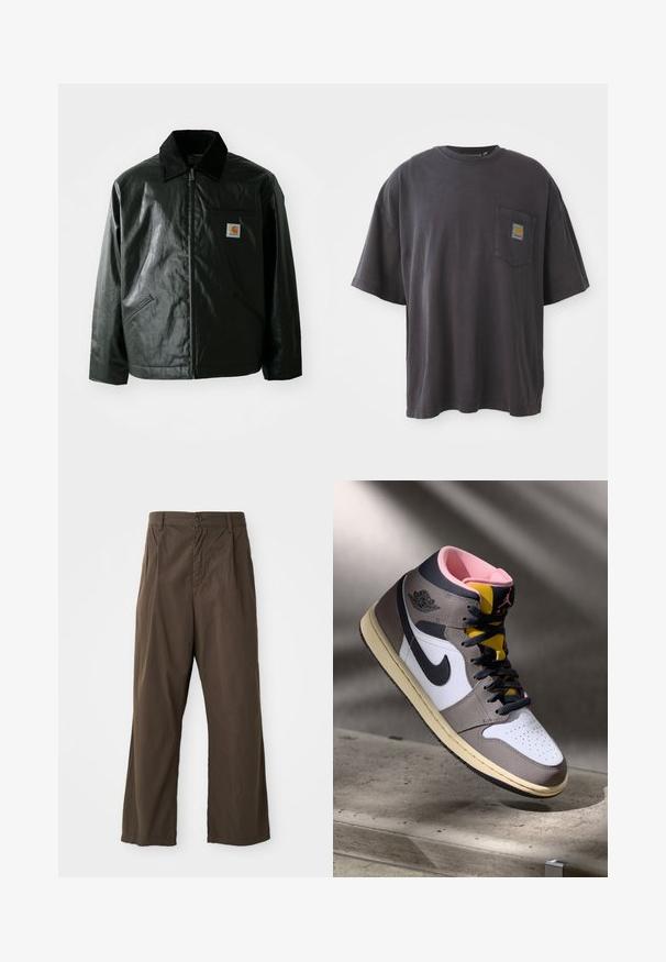 Černá zipová bunda vyrobená z hladkého, lesklého materiálu. Má jemný manžetový límec, dvě přední kapsy a malou značkovou nášivku na hrudi.; Černé bavlněné tričko s krátkým rukávem, kulatým výstřihem a kapsičkou na levé straně hrudi, na které je čtvercová nášivka s logem. Jednoduchý a nezdobený design.; Hnědé široké kalhoty vyrobené z bavlny s předním zapínáním na knoflík, poutky na pásek a hladkým matným povrchem.; Bílé, šedé a černé vysoké tenisky Nike Air Jordan s růžovým interiérem a žlutým jazykem, umístěné na betonovém povrchu.
