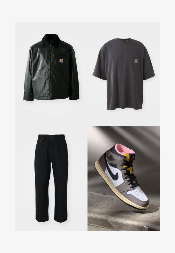 Melnā zip-up jaka, izgatavota no gludas, spīdīgas materiāla. Ir korduroja apkakle, divas priekšējās kabatas un neliela logo placdarma uz krūtīm.; Melna kokvilnas t-krekls ar īsām piedurknēm, apaļu kakla izgriezumu un kreisajā krūšu daļā esošu kabatu ar kvadrātveida logo uzlīmi. Vienkāršs un bez rotājumiem dizains.; Melna džinsu auduma bikses ar taisnu piegriezumu, vieglu tekstūru, piecu kabatu dizainu un pogu aizdari jostasvietā.; Augstās Nike Air Jordan kedas baltā, pelēkā un melnā krāsā ar rozā iekšpusi un dzelteno mēli, novietotas uz betona virsmas.