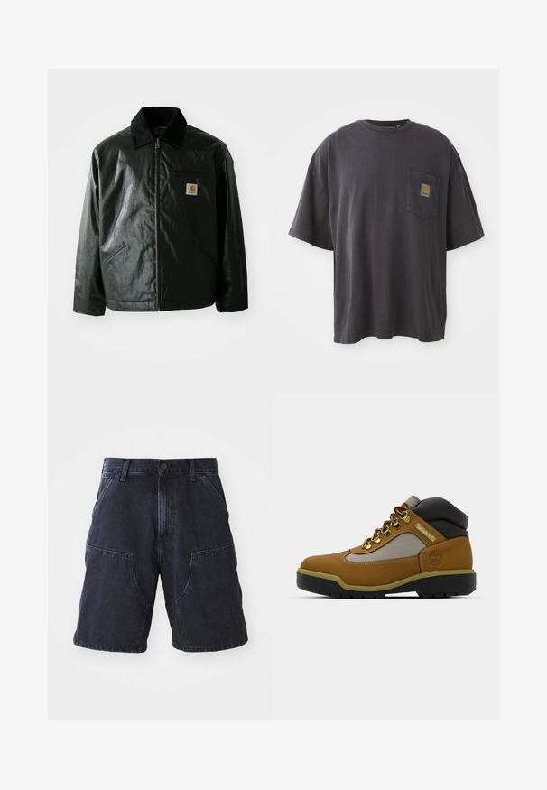 Juodas užtrauktuku užsegamas švarkas, pagamintas iš glotnaus, blizgaus medžiagos. Savybė - keteros apykaklė, dvi priekinės kišenės ir mažas logotipo ženklelis ant krūtinės.; Juodos spalvos medvilnės marškinėliai su trumpomis rankovėmis, apvaliu iškirpimu ir kairėje krūtinės pusėje esančia kišenėle su kvadratine logotipo etikete. Paprastas ir nepuoštas dizainas.; Tamsūs džinsiniai šortai su tiesiu kirpimu, didelėmis priekinių kišenių, ir mygtukų uždarymu; glotni tekstūra ir minimalūs siuvimo detalės.; Rudos žygio batai su pilkais ir juodais akcentais, tekstūruota odinė viršutinė dalis, metalinės akytės ir tvirta guminė padais, užtikrinantis sukibimą.