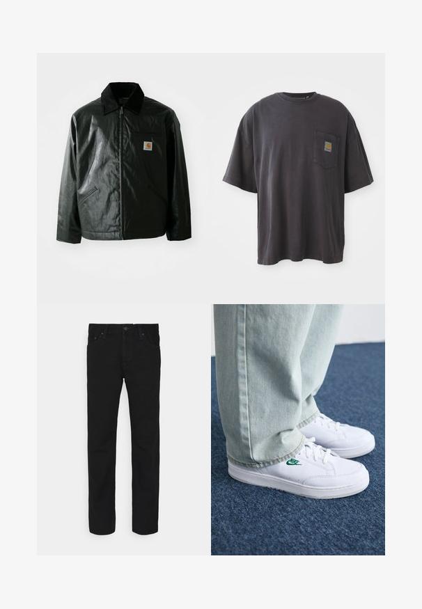 Črna jakna na zadrgo, izdelana iz gladkega, sijočega materiala. Ima žametni ovratnik, dva sprednja žepa in majhno oznako logotipa na prsih.; Črna bombažna majica s kratkimi rokavi, okroglim izrezom in žepom na levi strani prsi, ki vključuje kvadratno oznako. Preprost in neopazen dizajn.; Črni trijehni kavbojke z gumbom in zadrgo spredaj, pet žepni dizajn, prikazane na beli podlagi.; Bela usnjena športna obutev z zelenim Nike logotipom, okrogla konica, ravna podplat, v kombinaciji z svetlo modrimi kavbojkami, prikazana na modrem preprogu.