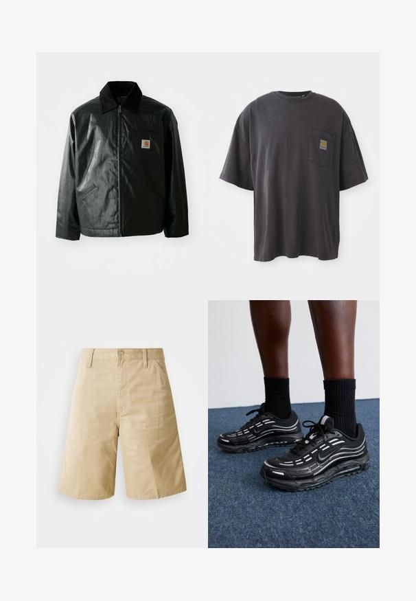 Veste noire zippée en matériau lisse et brillant. Elle dispose d'un col en velours côtelé, de deux poches avant et d'un petit écusson logo sur la poitrine.; T-shirt en coton noir à manches courtes, col rond et poche sur la poitrine gauche avec un patch logo carré. Design simple et sans ornement.; Shorts en coton beige à coupe droite, avec une fermeture à bouton, un zip, et des poches latérales. Texture lisse et détail plissé à l'avant.; Des chaussures Nike noires présentent une tige en mesh avec des rayures d'accent, un laçage texturé et une semelle en caoutchouc noir. Portées avec des chaussettes noires côtelées.