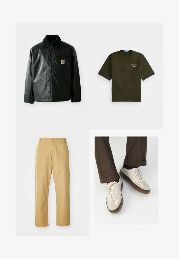Jachetă neagră cu fermoar, confecționată dintr-un material neted și lucios. Prezintă un guler din catifea, două buzunare frontale și un mic logo brodat pe piept.; Tricou de culoare verde măslinie, cu mâneci scurte, guler rotund și logo brodat "POLO SPORT" pe partea stângă a pieptului, având și un detaliu cu steagul american.; Chino khaki dintr-o tesătură ușoară, cu un design drept, având o închidere prin buton frontal și buzunare laterale.; Adidași bej cu un vârf din suede texturat, laterale din piele netedă și o talpă din cauciuc maro. Șireturile și detalii de cusătură subtilă incluse.