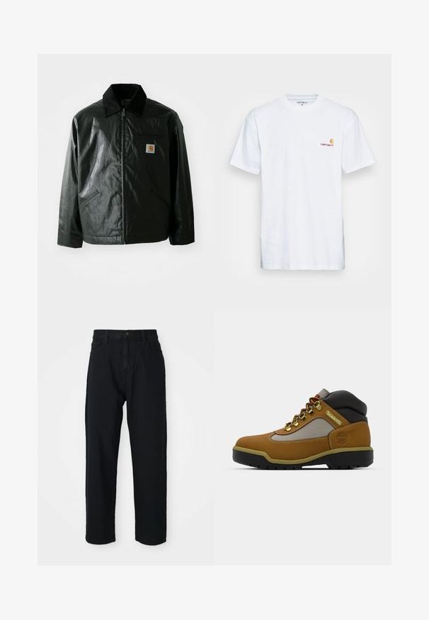 Juodas užtrauktuku užsegamas švarkas, pagamintas iš glotnaus, blizgaus medžiagos. Savybė - keteros apykaklė, dvi priekinės kišenės ir mažas logotipo ženklelis ant krūtinės.; Balta medvilnė marškinėliai trumpomis rankovėmis. Sukurti su mažu oranžiniu ir tamsiai raudonu logotipu kairėje krūtinės pusėje. Turi klasikį apvalų kaklą.; Juodos džinsinės kelnes su tiesiapjūviu. Yra klasikinis penkių kišenių dizainas, mygtukų užsegimas ir subtili audinio tekstūra.; Rudos žygio batai su pilkais ir juodais akcentais, tekstūruota odinė viršutinė dalis, metalinės akytės ir tvirta guminė padais, užtikrinantis sukibimą.