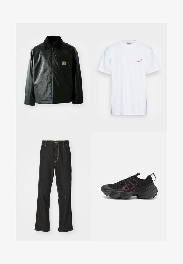 Juodas užtrauktuku užsegamas švarkas, pagamintas iš glotnaus, blizgaus medžiagos. Savybė - keteros apykaklė, dvi priekinės kišenės ir mažas logotipo ženklelis ant krūtinės.; Balta medvilnė marškinėliai trumpomis rankovėmis. Sukurti su mažu oranžiniu ir tamsiai raudonu logotipu kairėje krūtinės pusėje. Turi klasikį apvalų kaklą.; Juodi džinsai su laisvu siluetu, turintys kontrastingas balto siūlo siūles, mygtuko uždarymą ir tiesų kojos dizainą.; Juodi sportiniai batai su tekstūruotu tinkleliu viršuje, kontrastingais raudonais akcentais ir masyviu guminio pado, turinčio apvalius sukibimus.