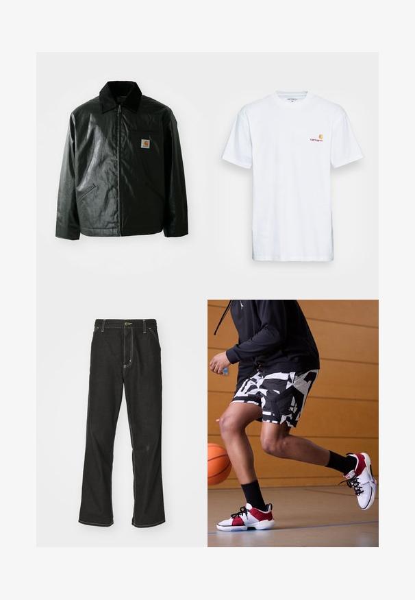 Svart zip-up jakke laget av jevnt, blankt materiale. Har en kordfløyelskrage, to frontlommer og en liten logo-lapp på brystet.; Hvit bomull t-skjorte med korte ermer. Designet med en liten logo i oransje og mørkerød på venstre bryst. Har en klassisk rund hals.; Svarte denimbukser med løs passform, med kontrastfylt hvit søm, knappelukking og rett ben-design.; Hvite og røde basketballsko med svarte detaljer, kombinert med mønstrede sorte og hvite shorts. Sort hettegenser brukt, i en gymsituasjon.