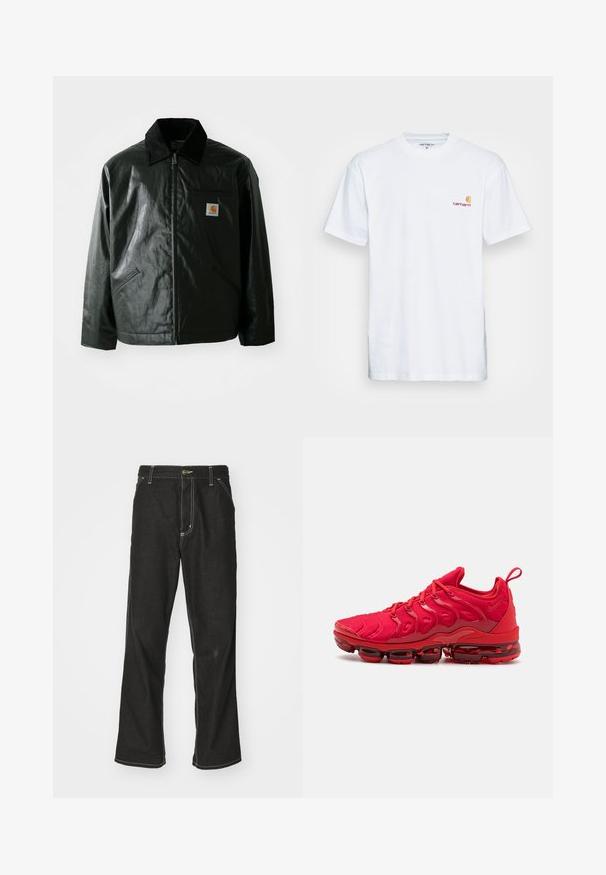 Juodas užtrauktuku užsegamas švarkas, pagamintas iš glotnaus, blizgaus medžiagos. Savybė - keteros apykaklė, dvi priekinės kišenės ir mažas logotipo ženklelis ant krūtinės.; Balta medvilnė marškinėliai trumpomis rankovėmis. Sukurti su mažu oranžiniu ir tamsiai raudonu logotipu kairėje krūtinės pusėje. Turi klasikį apvalų kaklą.; Juodi džinsai su laisvu siluetu, turintys kontrastingas balto siūlo siūles, mygtuko uždarymą ir tiesų kojos dizainą.; Raudoni sportiniai bateliai, pagaminti iš tinklelio ir gumos. Yra apvalių burbulų padas, tekstūruotas viršus ir kilpos užtraukimui ant kulno.